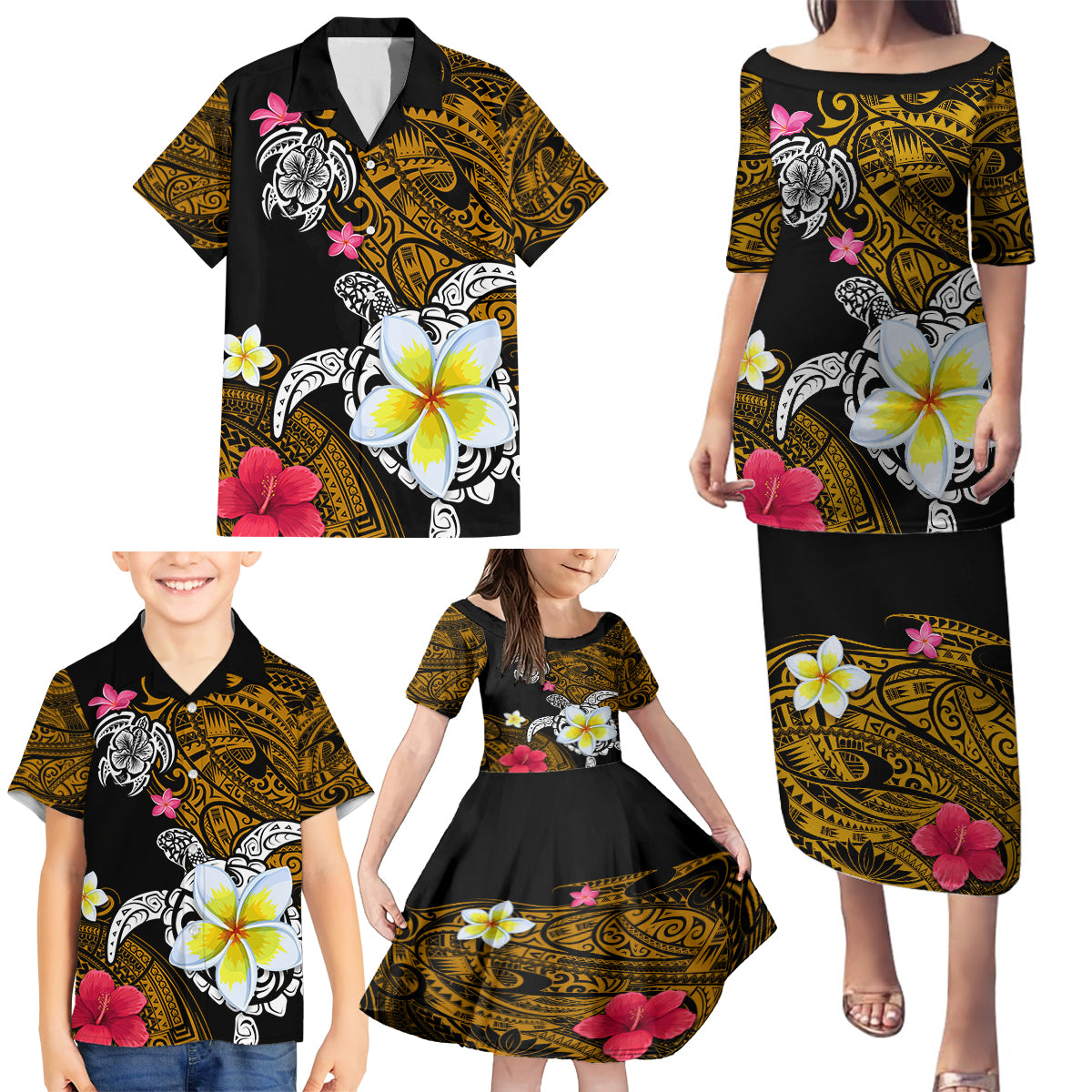 Hawaii Turtle and Tropical Flower Family Matching Puletasi and Hawaiian Shirt Polynesian Pattern