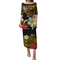 Hawaii Turtle and Tropical Flower Family Matching Puletasi and Hawaiian Shirt Polynesian Pattern LT03 Mom's Dress Black - Polynesian Pride