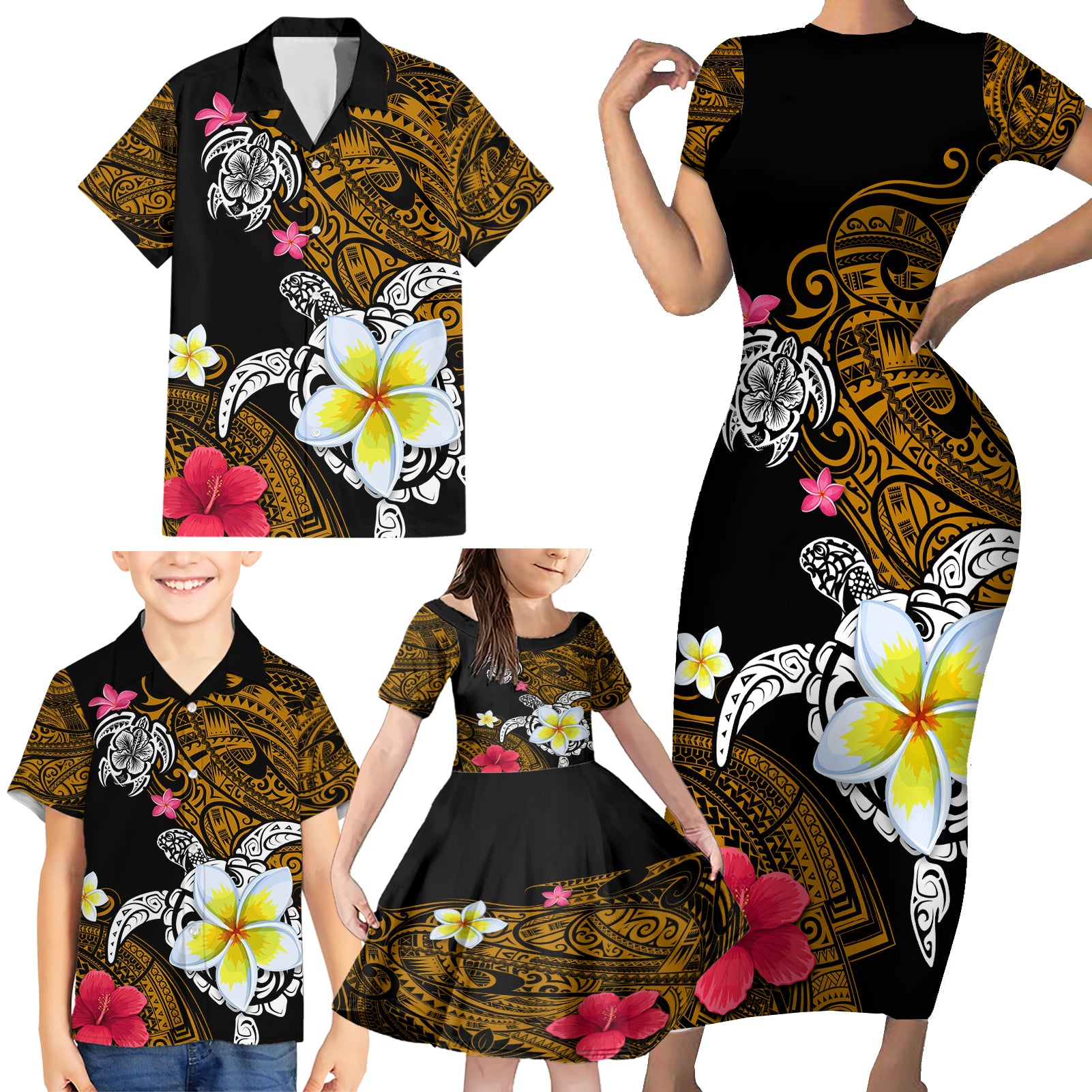 Hawaii Turtle and Tropical Flower Family Matching Short Sleeve Bodycon Dress and Hawaiian Shirt Polynesian Pattern