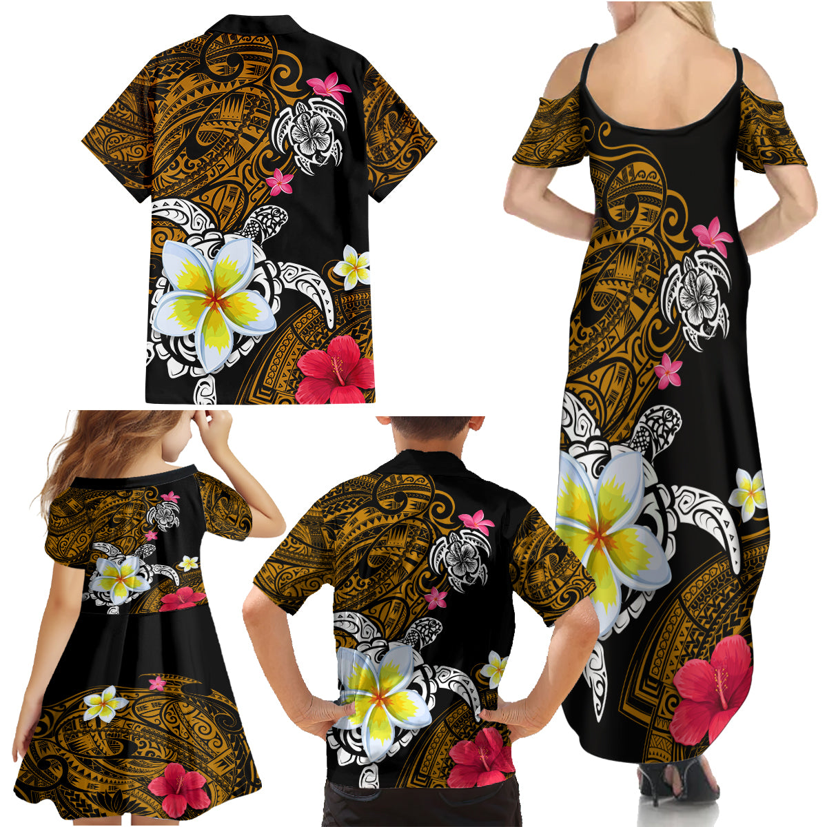 Hawaii Turtle and Tropical Flower Family Matching Summer Maxi Dress and Hawaiian Shirt Polynesian Pattern LT03 - Polynesian Pride