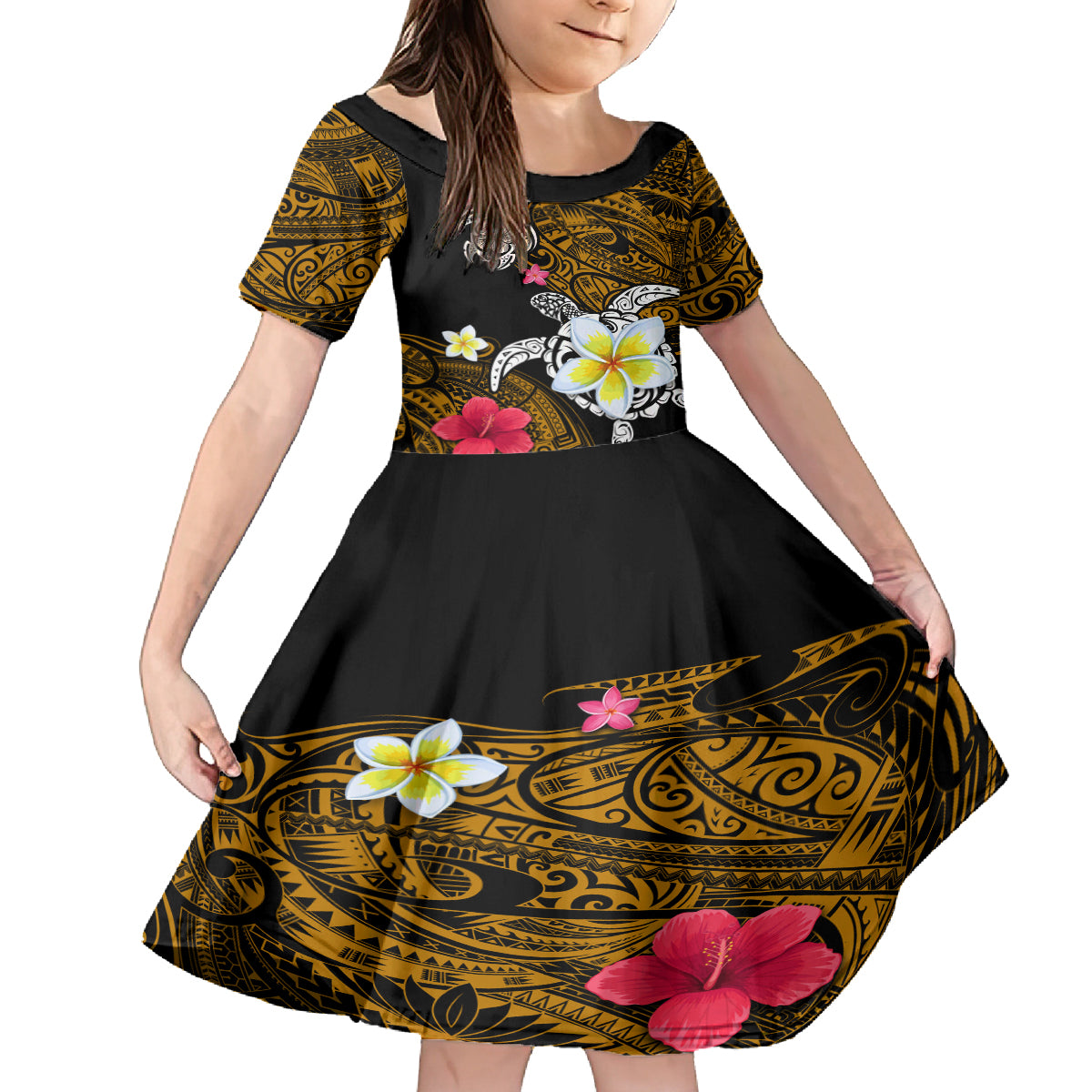 Hawaii Turtle and Tropical Flower Family Matching Tank Maxi Dress and Hawaiian Shirt Polynesian Pattern LT03 Daughter's Dress Black - Polynesian Pride