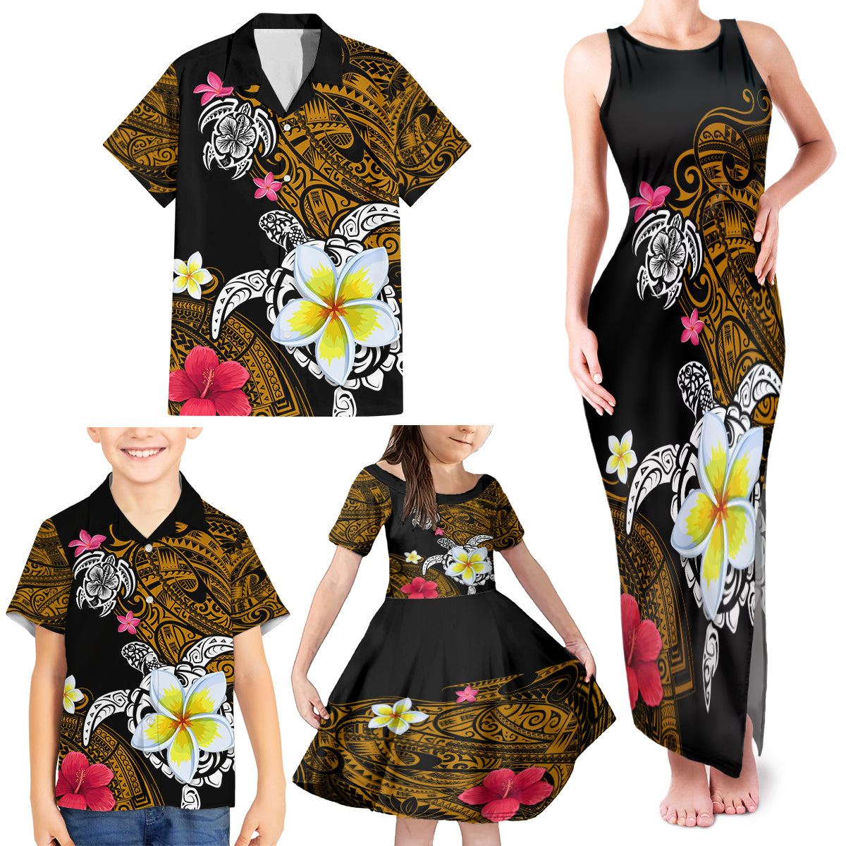 Hawaii Turtle and Tropical Flower Family Matching Tank Maxi Dress and Hawaiian Shirt Polynesian Pattern LT03 - Polynesian Pride