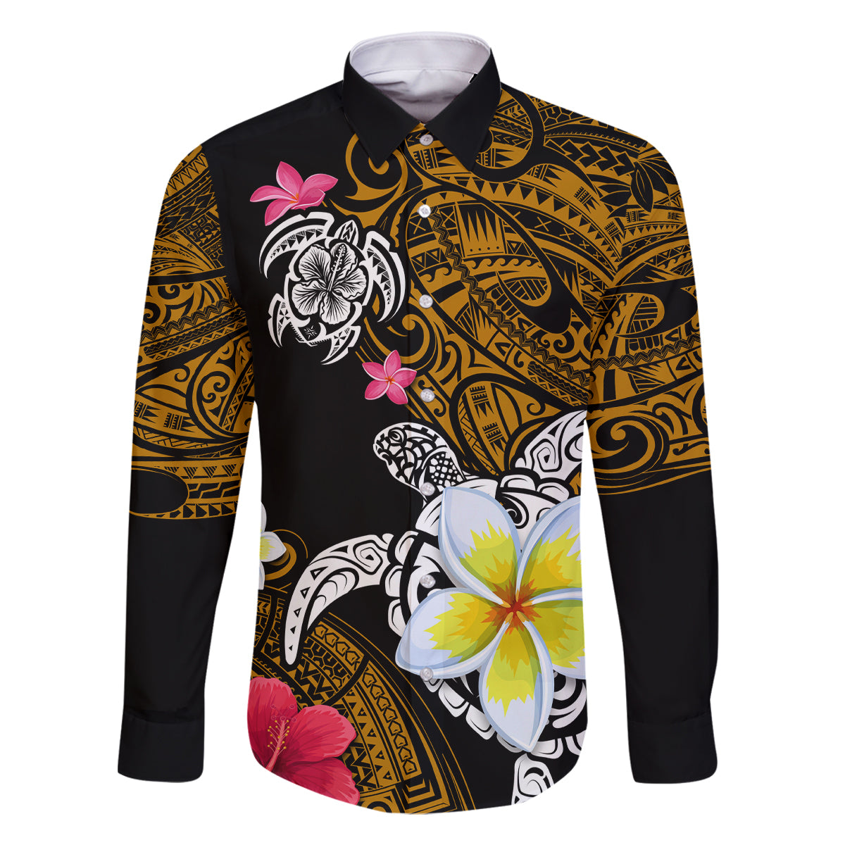 Hawaii Turtle and Tropical Flower Family Matching Tank Maxi Dress and Hawaiian Shirt Polynesian Pattern LT03 Dad's Shirt - Long Sleeve Black - Polynesian Pride
