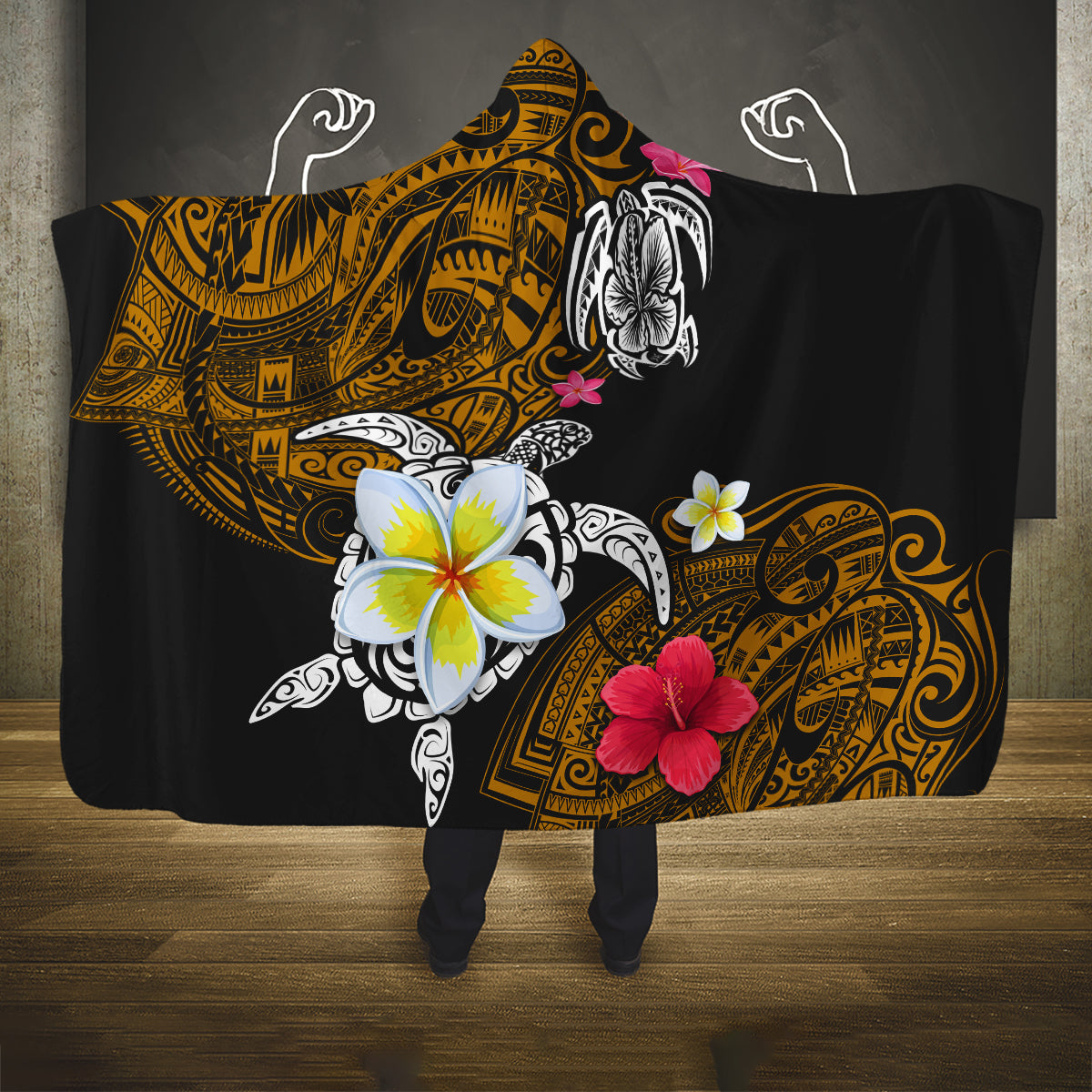 Hawaii Turtle and Tropical Flower Hooded Blanket Polynesian Pattern LT03 One Size Black - Polynesian Pride