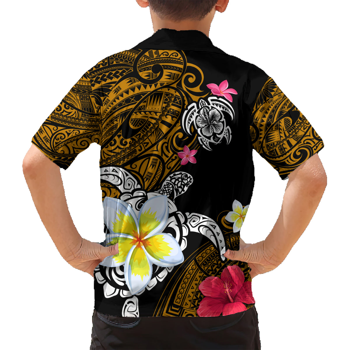 Hawaii Turtle and Tropical Flower Kid Hawaiian Shirt Polynesian Pattern