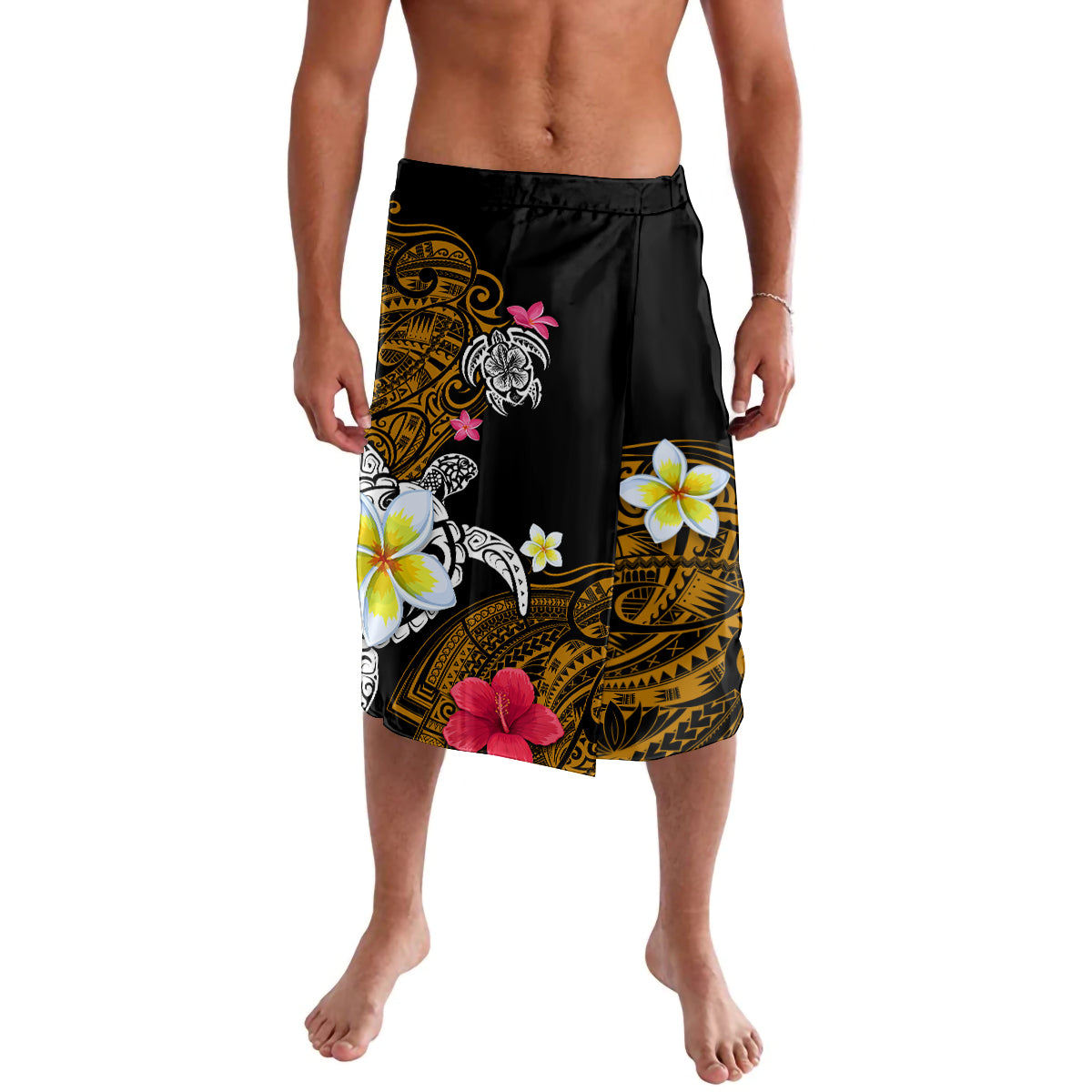 Hawaii Turtle and Tropical Flower Lavalava Polynesian Pattern LT03 Black - Polynesian Pride