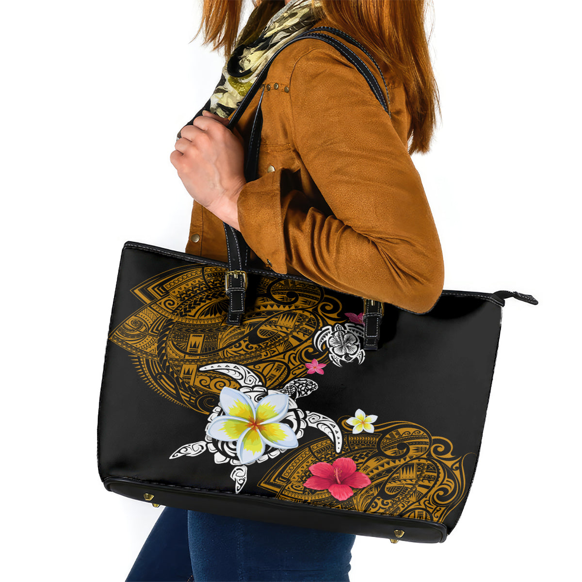Hawaii Turtle and Tropical Flower Leather Tote Bag Polynesian Pattern LT03 Black - Polynesian Pride