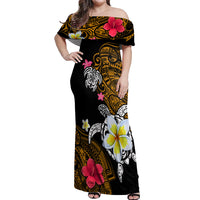 Hawaii Turtle and Tropical Flower Off Shoulder Maxi Dress Polynesian Pattern LT03 Women Black - Polynesian Pride