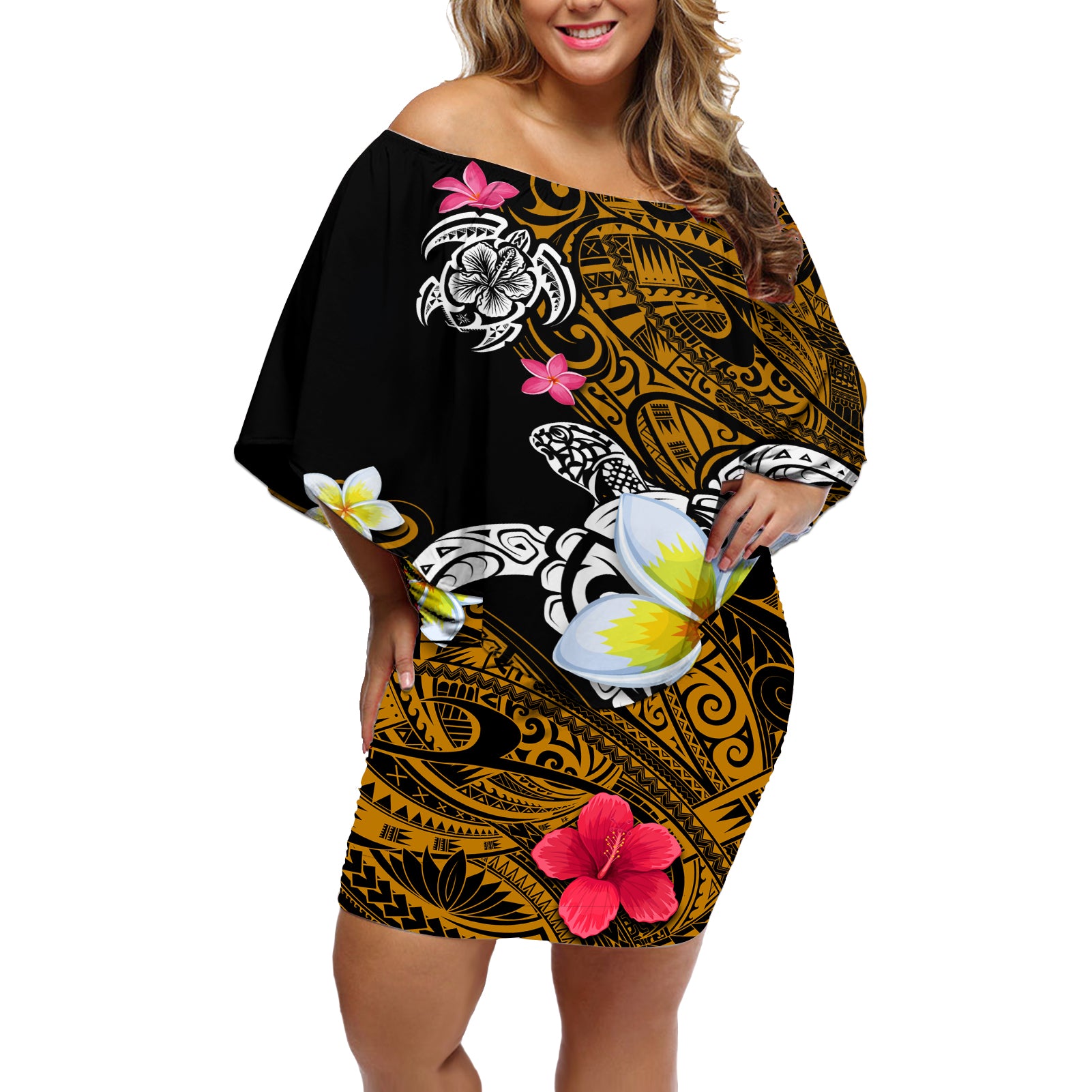 Hawaii Turtle and Tropical Flower Off Shoulder Short Dress Polynesian Pattern