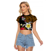 Hawaii Turtle and Tropical Flower Raglan Cropped T Shirt Polynesian Pattern