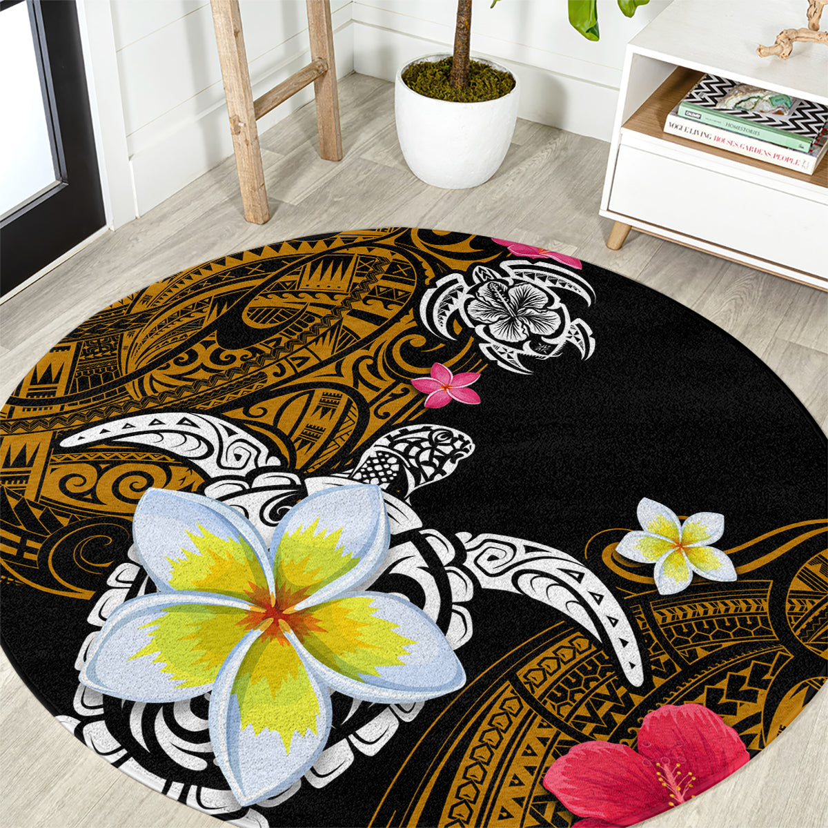 Hawaii Turtle and Tropical Flower Round Carpet Polynesian Pattern