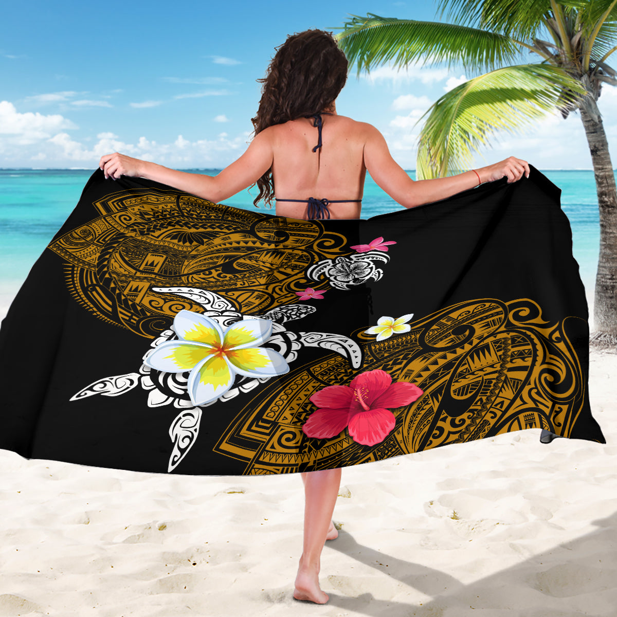 Hawaii Turtle and Tropical Flower Sarong Polynesian Pattern