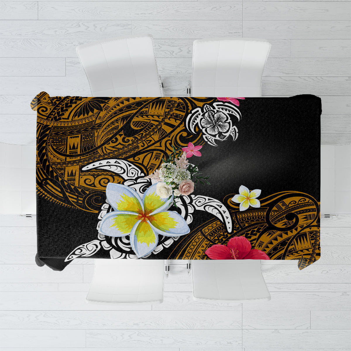 Hawaii Turtle and Tropical Flower Tablecloth Polynesian Pattern LT03 Black - Polynesian Pride