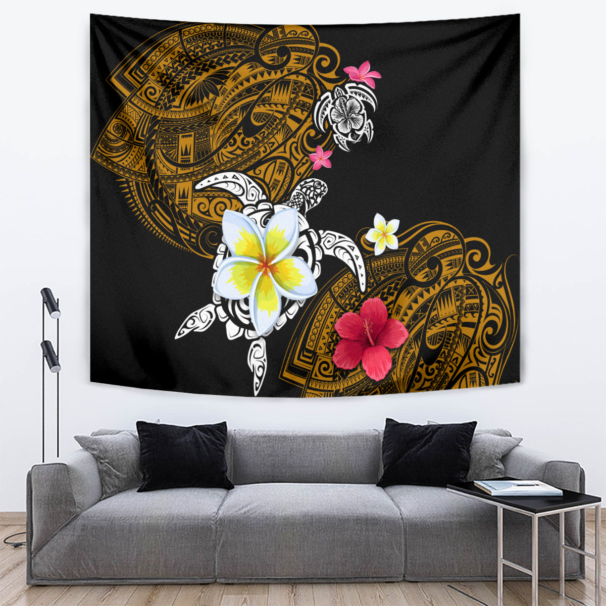 Hawaii Turtle and Tropical Flower Tapestry Polynesian Pattern