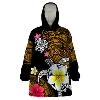 Hawaii Turtle and Tropical Flower Wearable Blanket Hoodie Polynesian Pattern LT03 One Size Black - Polynesian Pride