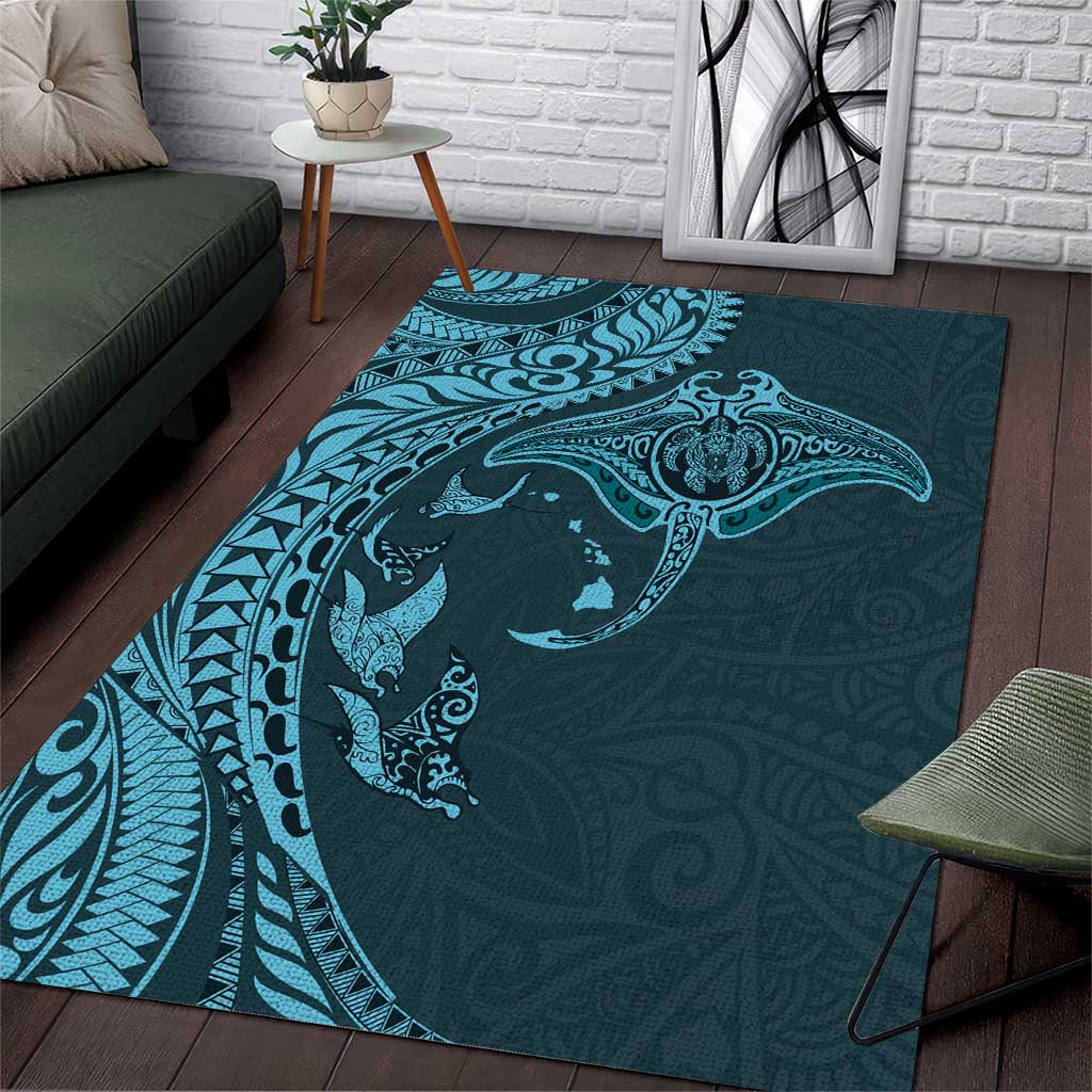 Hawaiian Manta Ray and Polynesian Tribal Tattoo Area Rug Turquoise Color LT03