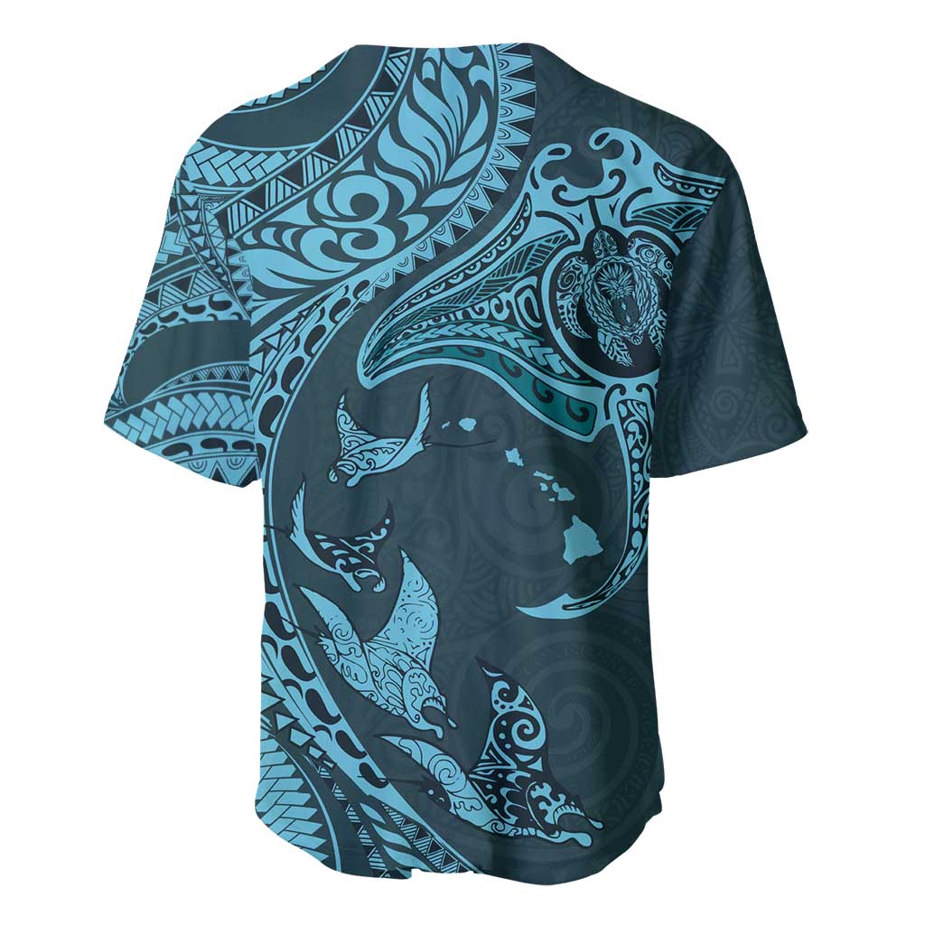 Hawaiian Manta Ray and Polynesian Tribal Tattoo Baseball Jersey Turquoise Color LT03