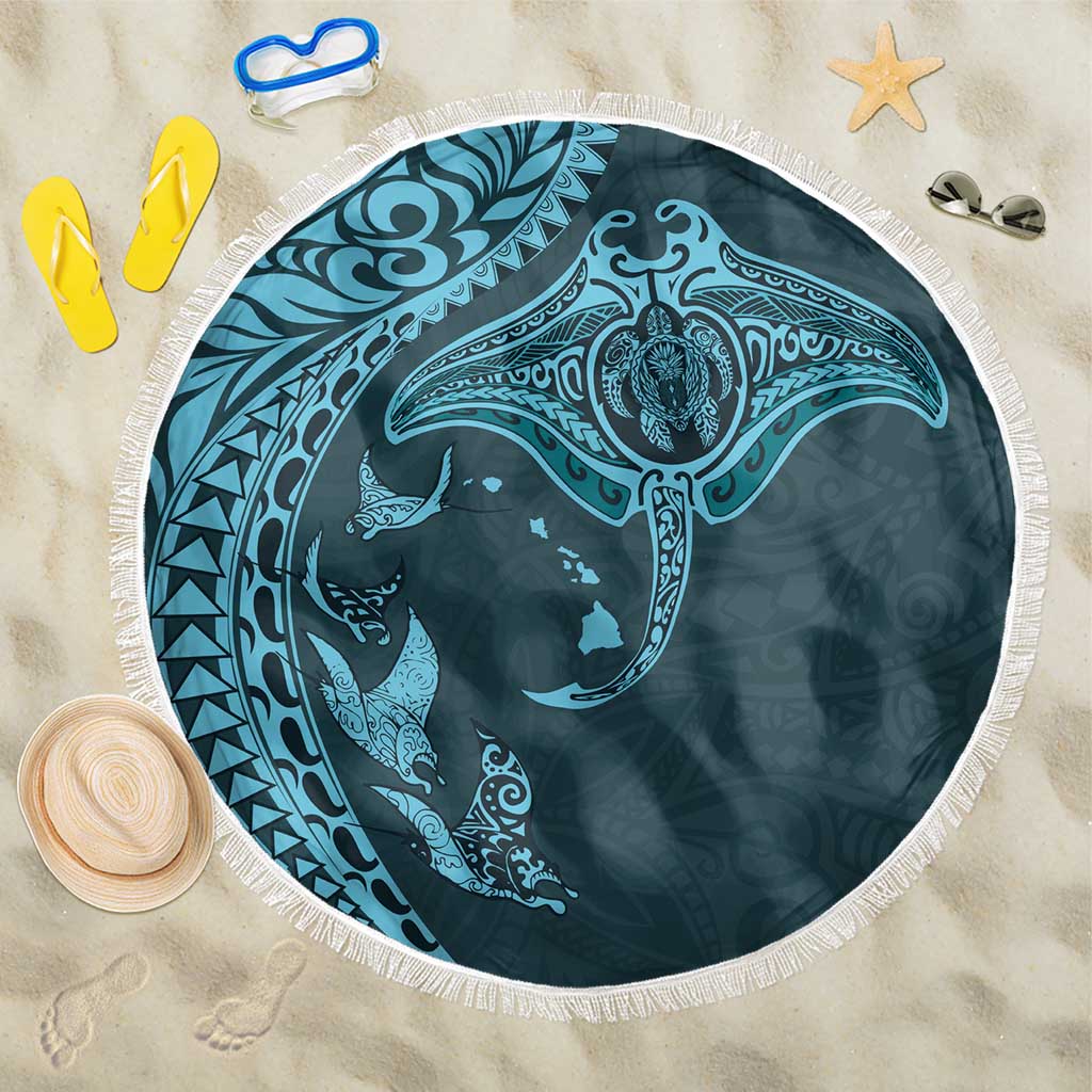 Hawaiian Manta Ray and Polynesian Tribal Tattoo Beach Blanket Turquoise Color LT03 One Size 150cm Turquoise - Polynesian Pride