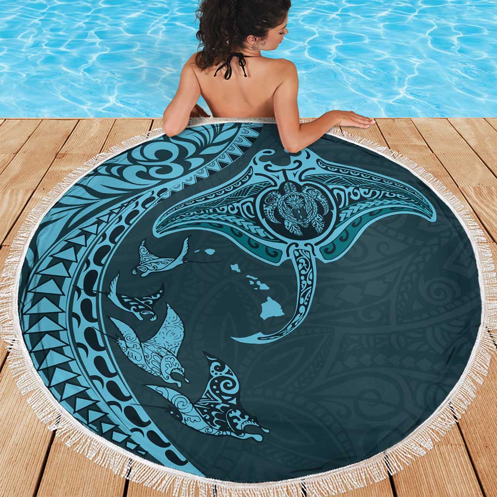 Hawaiian Manta Ray and Polynesian Tribal Tattoo Beach Blanket Turquoise Color LT03 - Polynesian Pride