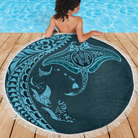 Hawaiian Manta Ray and Polynesian Tribal Tattoo Beach Blanket Turquoise Color LT03 - Polynesian Pride
