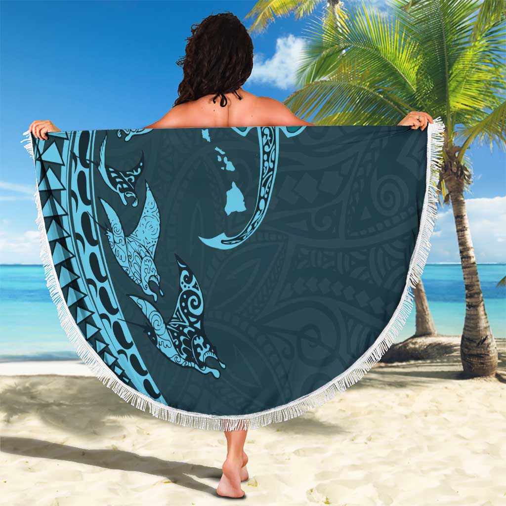 Hawaiian Manta Ray and Polynesian Tribal Tattoo Beach Blanket Turquoise Color LT03 - Polynesian Pride