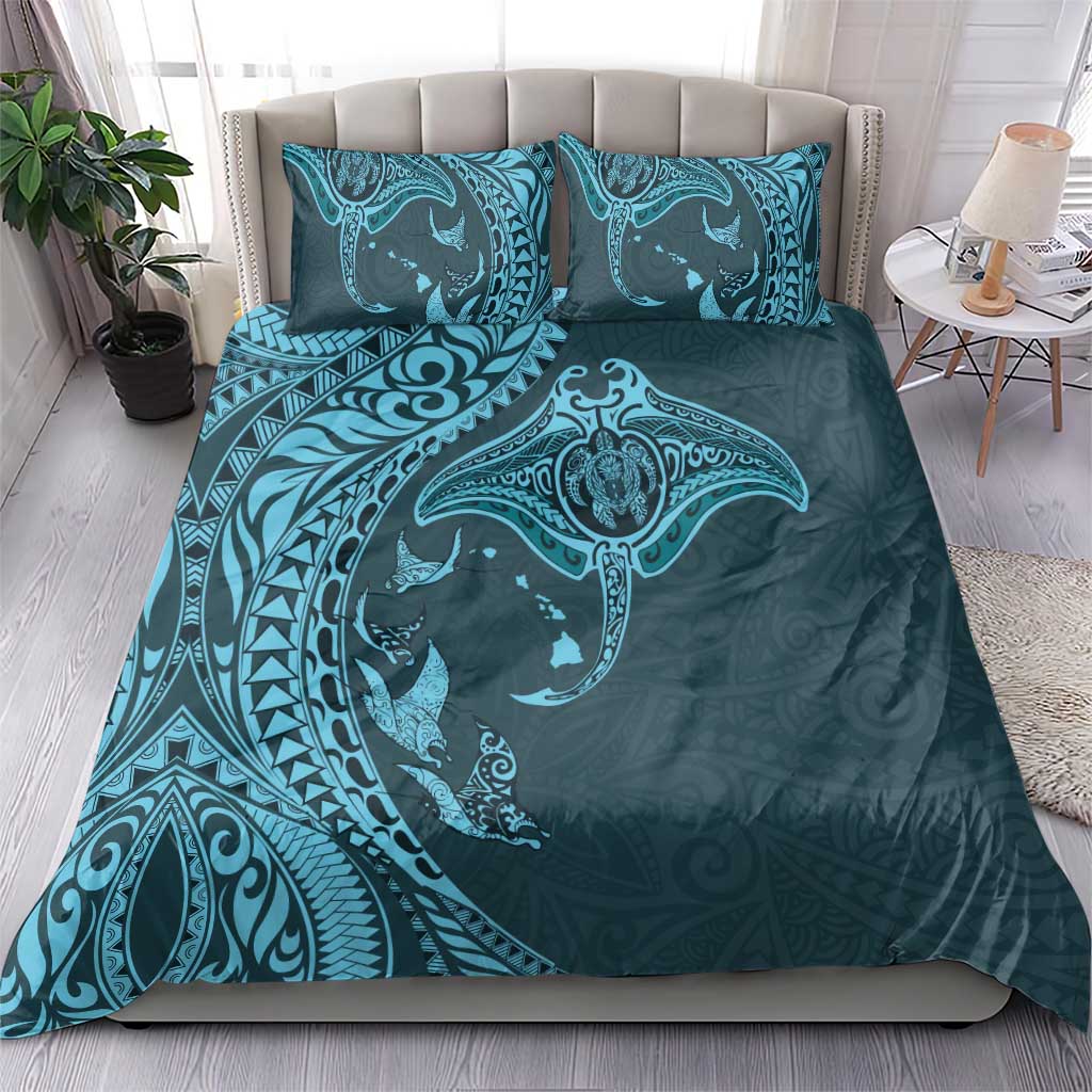 Hawaiian Manta Ray and Polynesian Tribal Tattoo Bedding Set Turquoise Color LT03