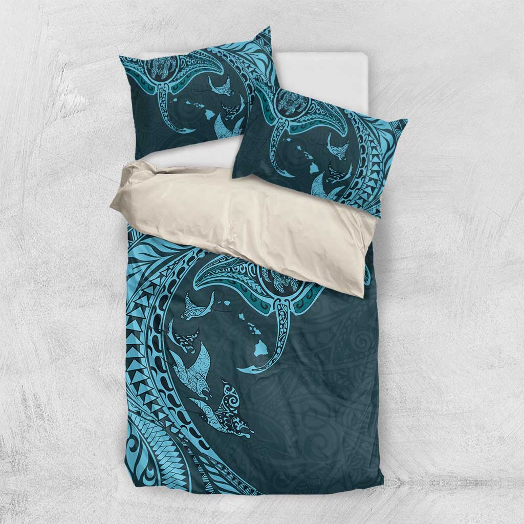 Hawaiian Manta Ray and Polynesian Tribal Tattoo Bedding Set Turquoise Color LT03