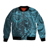Hawaiian Manta Ray and Polynesian Tribal Tattoo Bomber Jacket Turquoise Color LT03