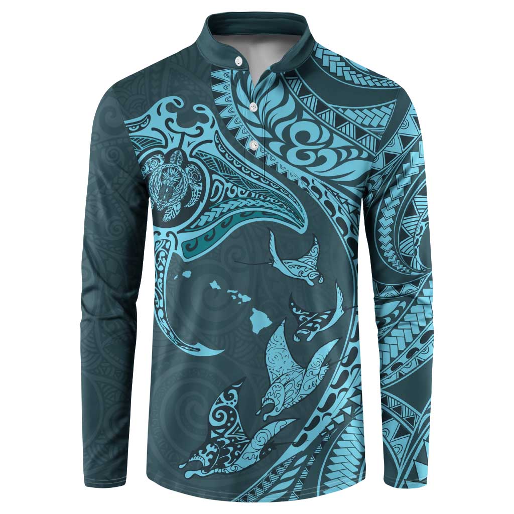 Hawaiian Manta Ray and Polynesian Tribal Tattoo Button Sweatshirt Turquoise Color LT03 Turquoise - Polynesian Pride
