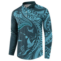 Hawaiian Manta Ray and Polynesian Tribal Tattoo Button Sweatshirt Turquoise Color LT03 - Polynesian Pride