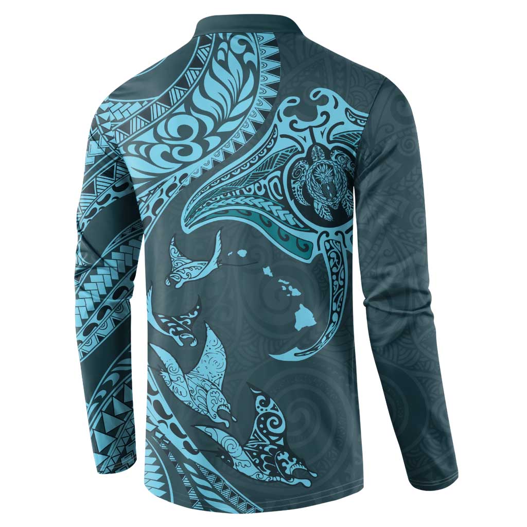 Hawaiian Manta Ray and Polynesian Tribal Tattoo Button Sweatshirt Turquoise Color LT03 - Polynesian Pride
