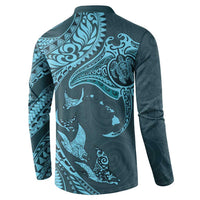 Hawaiian Manta Ray and Polynesian Tribal Tattoo Button Sweatshirt Turquoise Color LT03 - Polynesian Pride