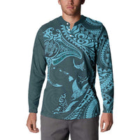Hawaiian Manta Ray and Polynesian Tribal Tattoo Button Sweatshirt Turquoise Color LT03 - Polynesian Pride