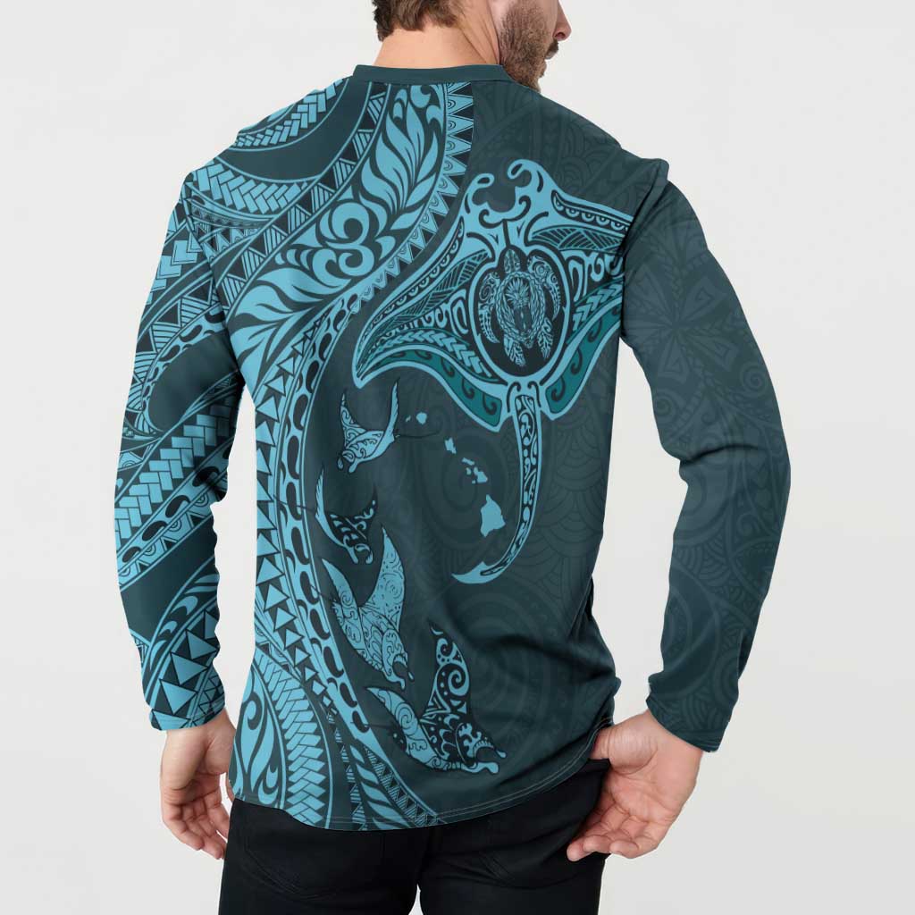 Hawaiian Manta Ray and Polynesian Tribal Tattoo Button Sweatshirt Turquoise Color LT03 - Polynesian Pride