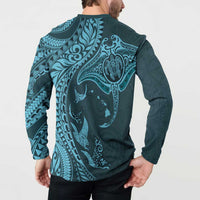 Hawaiian Manta Ray and Polynesian Tribal Tattoo Button Sweatshirt Turquoise Color LT03 - Polynesian Pride