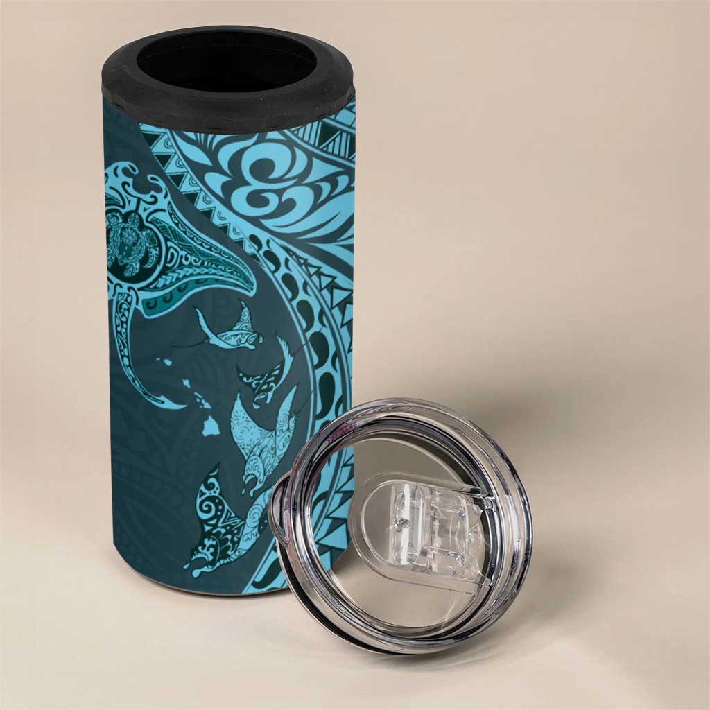 Hawaiian Manta Ray and Polynesian Tribal Tattoo 4 in 1 Can Cooler Tumbler Turquoise Color