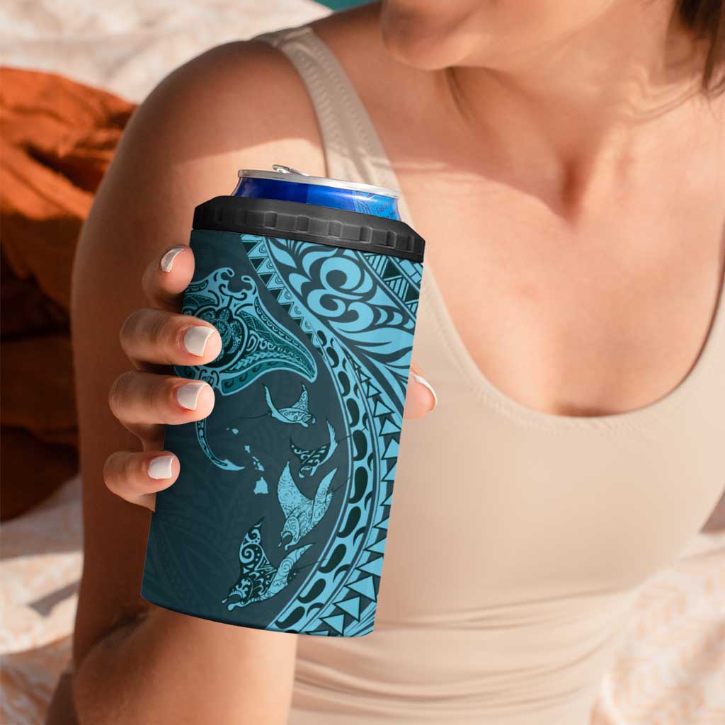 Hawaiian Manta Ray and Polynesian Tribal Tattoo 4 in 1 Can Cooler Tumbler Turquoise Color