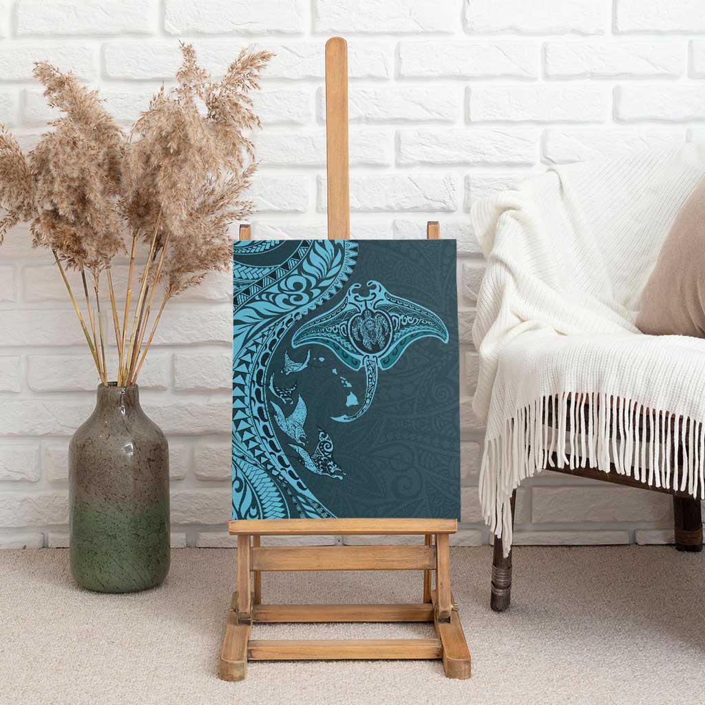 Hawaiian Manta Ray and Polynesian Tribal Tattoo Canvas Wall Art Turquoise Color LT03 - Polynesian Pride