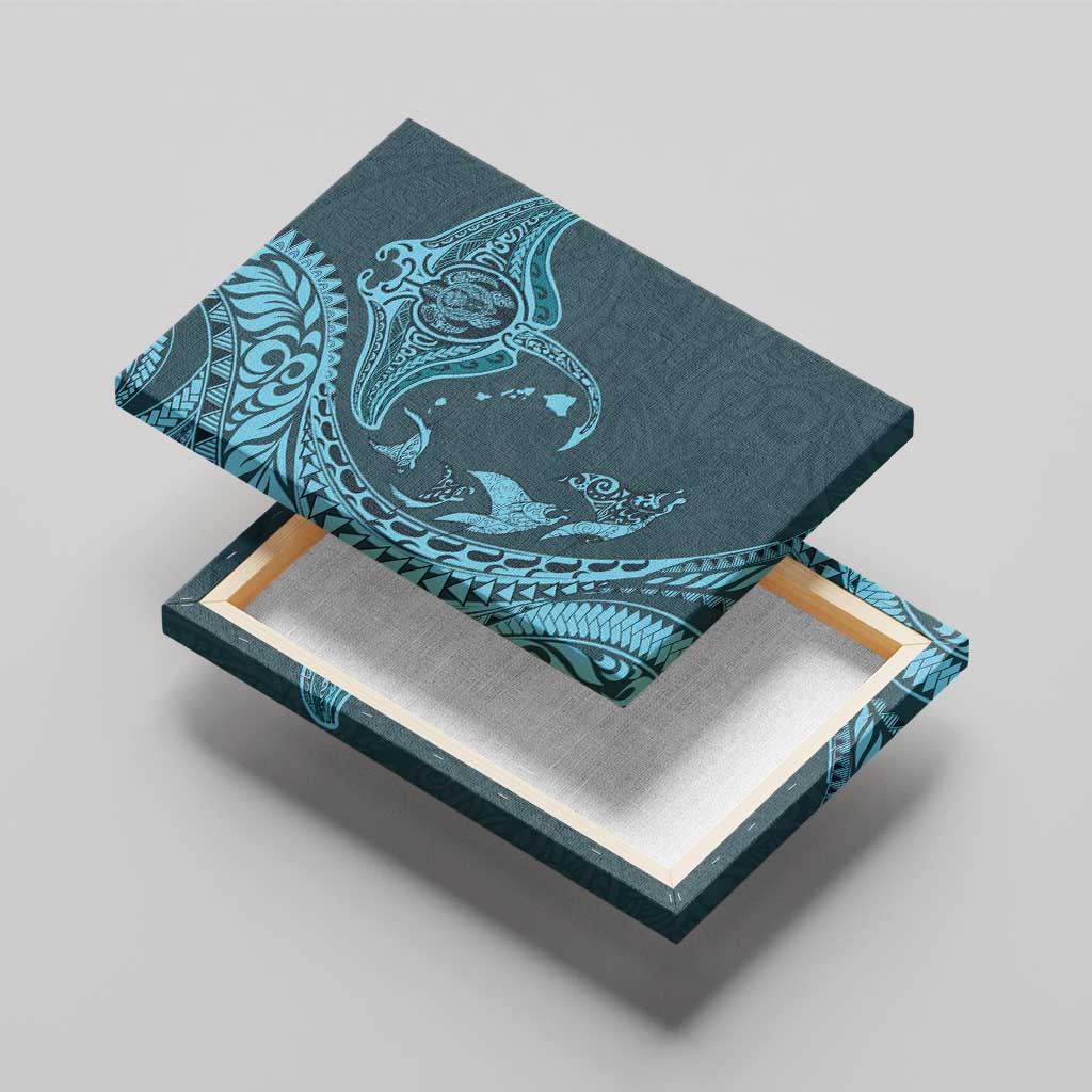 Hawaiian Manta Ray and Polynesian Tribal Tattoo Canvas Wall Art Turquoise Color LT03 - Polynesian Pride