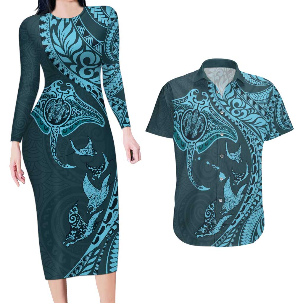 Hawaiian Manta Ray and Polynesian Tribal Tattoo Couples Matching Long Sleeve Bodycon Dress and Hawaiian Shirt Turquoise Color LT03