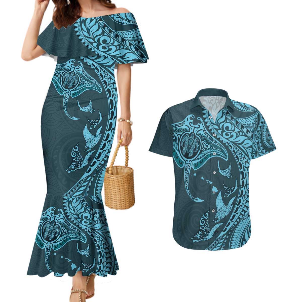 Hawaiian Manta Ray and Polynesian Tribal Tattoo Couples Matching Mermaid Dress and Hawaiian Shirt Turquoise Color LT03