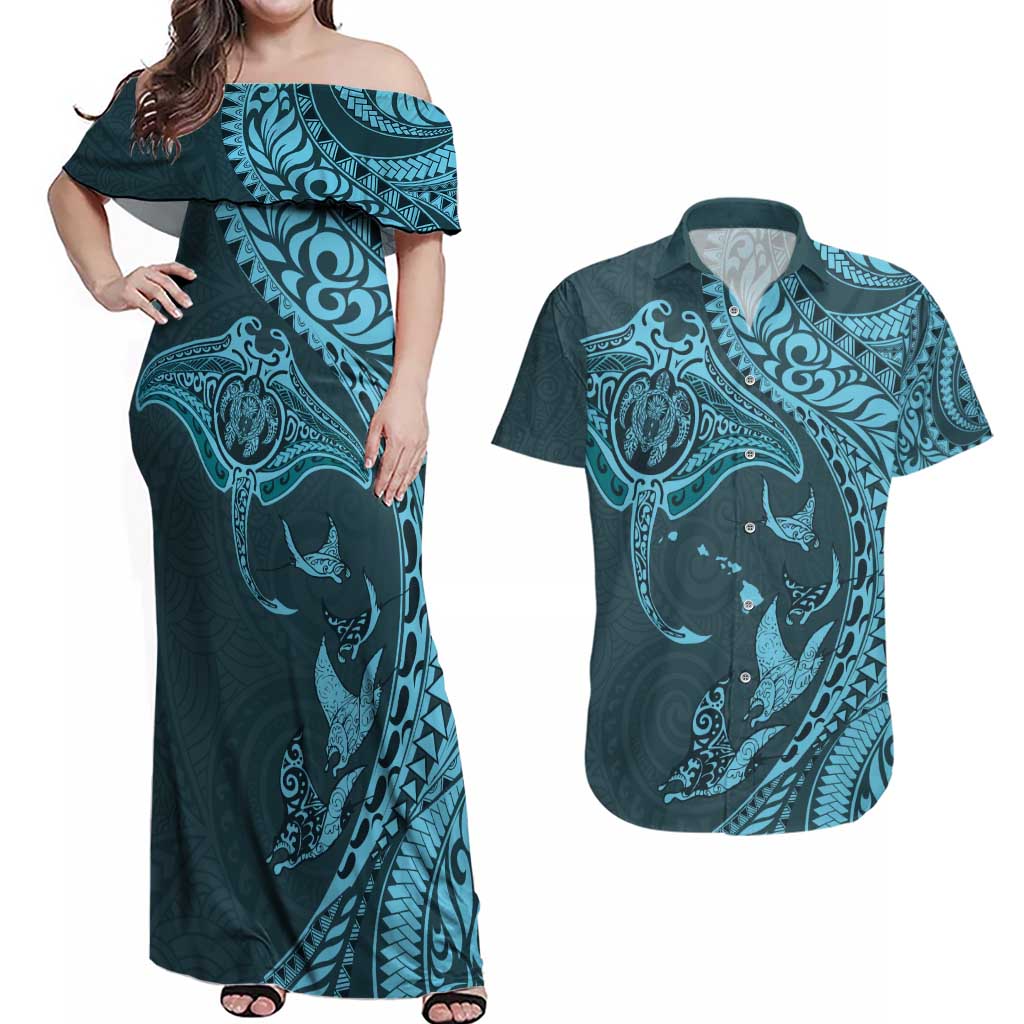 Hawaiian Manta Ray and Polynesian Tribal Tattoo Couples Matching Off Shoulder Maxi Dress and Hawaiian Shirt Turquoise Color LT03