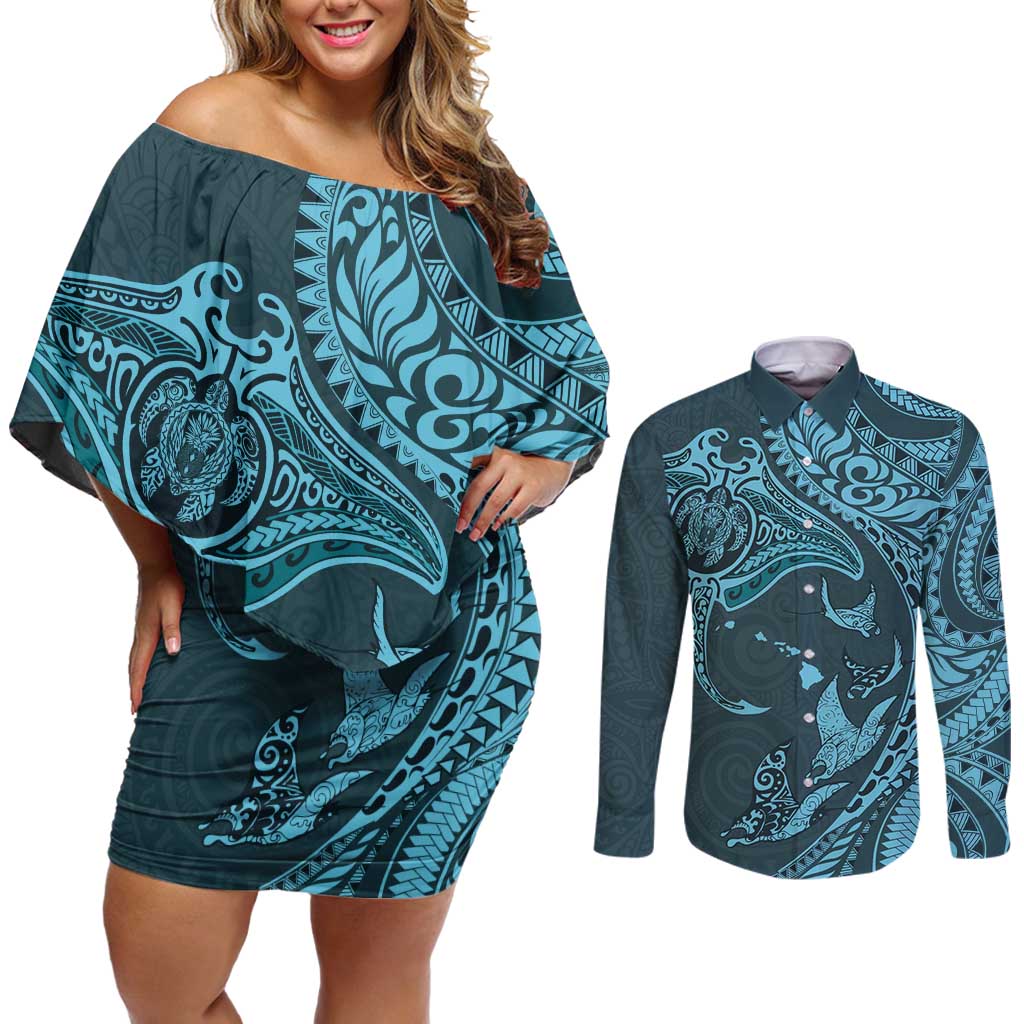 Hawaiian Manta Ray and Polynesian Tribal Tattoo Couples Matching Off Shoulder Short Dress and Long Sleeve Button Shirt Turquoise Color LT03 Turquoise - Polynesian Pride