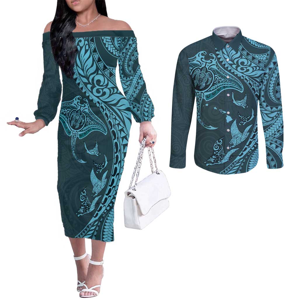 Hawaiian Manta Ray and Polynesian Tribal Tattoo Couples Matching Off The Shoulder Long Sleeve Dress and Long Sleeve Button Shirt Turquoise Color LT03 Turquoise - Polynesian Pride