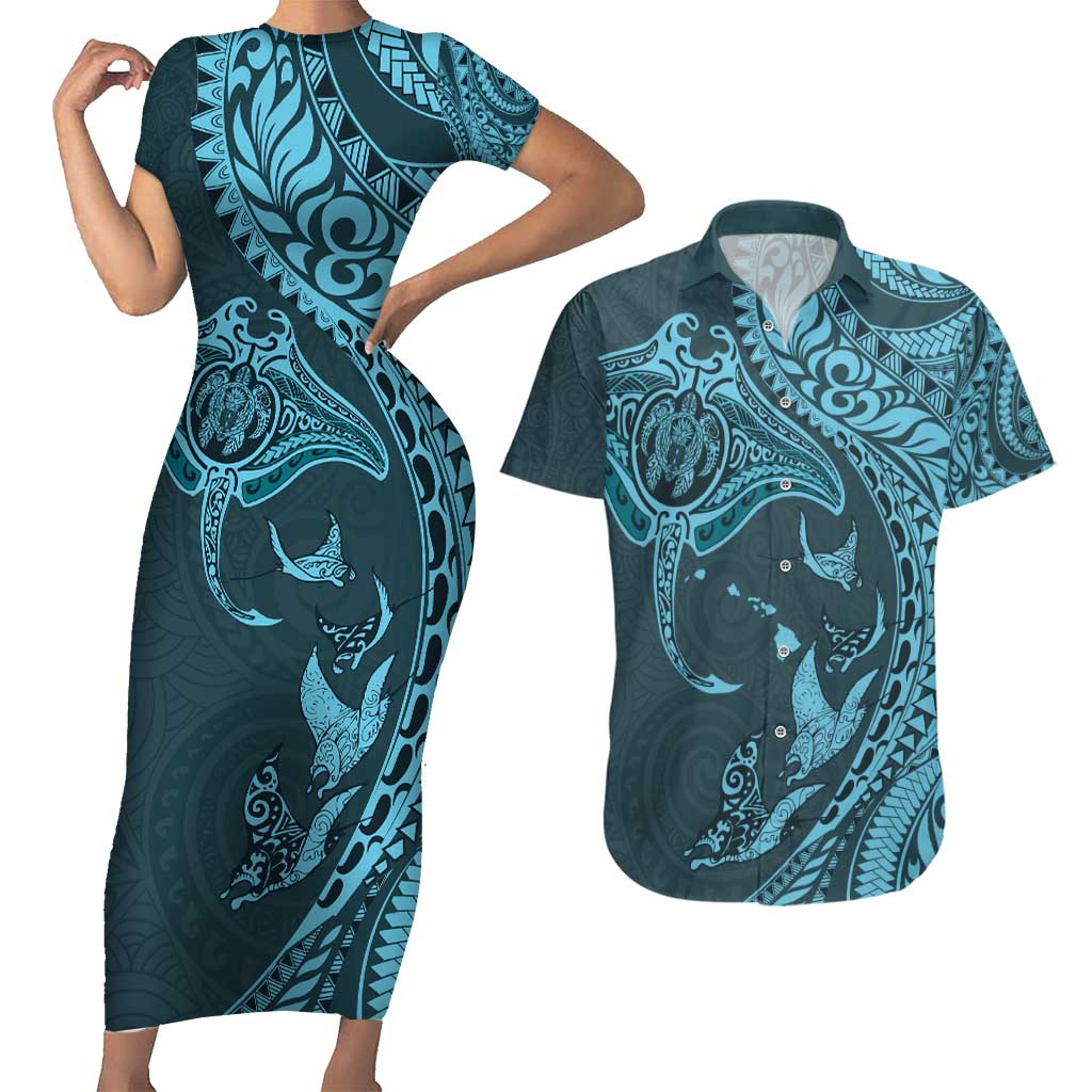 Hawaiian Manta Ray and Polynesian Tribal Tattoo Couples Matching Short Sleeve Bodycon Dress and Hawaiian Shirt Turquoise Color LT03 Turquoise - Polynesian Pride
