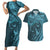 Hawaiian Manta Ray and Polynesian Tribal Tattoo Couples Matching Short Sleeve Bodycon Dress and Hawaiian Shirt Turquoise Color LT03