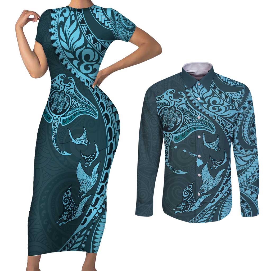 Hawaiian Manta Ray and Polynesian Tribal Tattoo Couples Matching Short Sleeve Bodycon Dress and Long Sleeve Button Shirt Turquoise Color LT03 Turquoise - Polynesian Pride