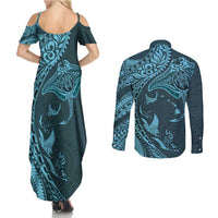 Hawaiian Manta Ray and Polynesian Tribal Tattoo Couples Matching Summer Maxi Dress and Long Sleeve Button Shirt Turquoise Color LT03 - Polynesian Pride