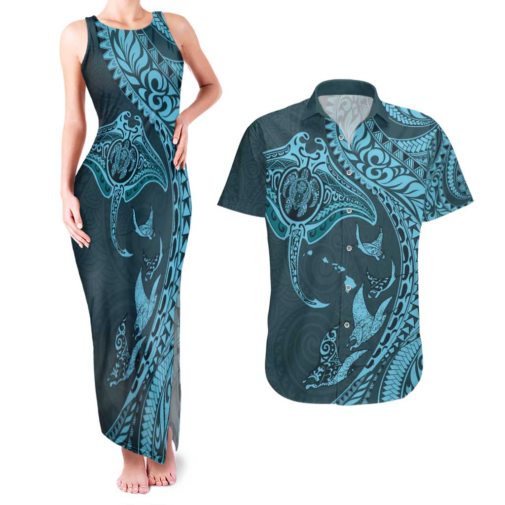 Hawaiian Manta Ray and Polynesian Tribal Tattoo Couples Matching Tank Maxi Dress and Hawaiian Shirt Turquoise Color LT03 Turquoise - Polynesian Pride