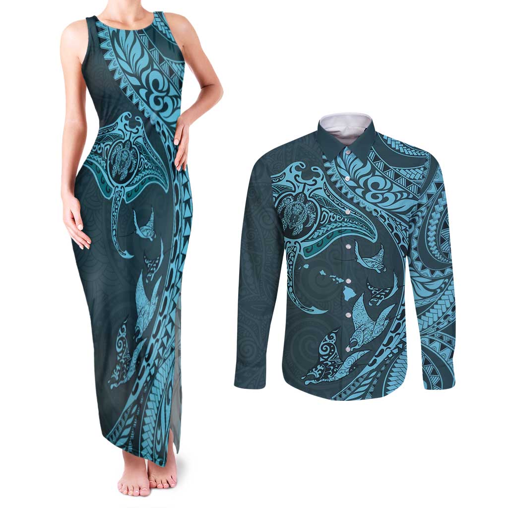 Hawaiian Manta Ray and Polynesian Tribal Tattoo Couples Matching Tank Maxi Dress and Long Sleeve Button Shirt Turquoise Color LT03 Turquoise - Polynesian Pride